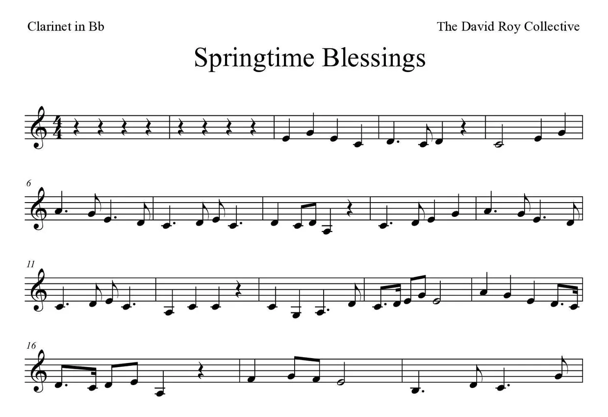 Partitura de Springtime Blessings para clarinete, primeras líneas