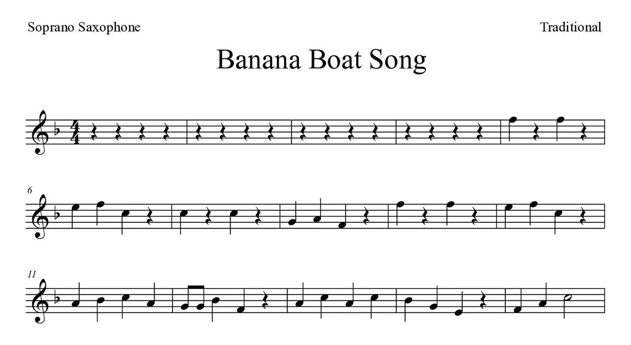 Bladmuziek van Banana Boat Song voor soprano saxophone, eerste regels