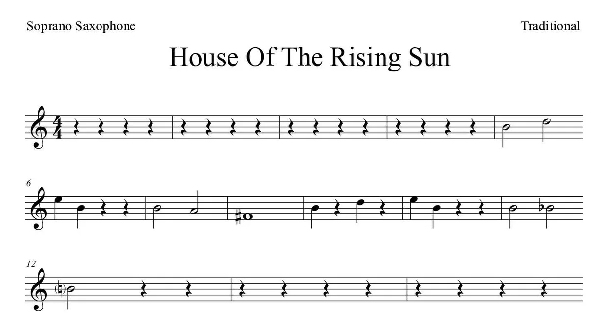 Partitura de House Of The Rising Sun para saxofone soprano, primeiras linhas