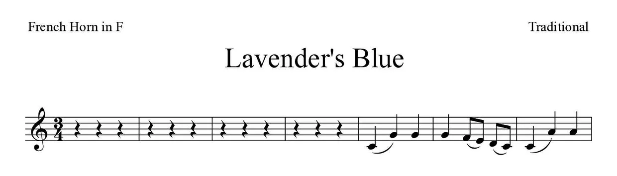 Bladmuziek van Lavender's Blue voor French horn, eerste regels