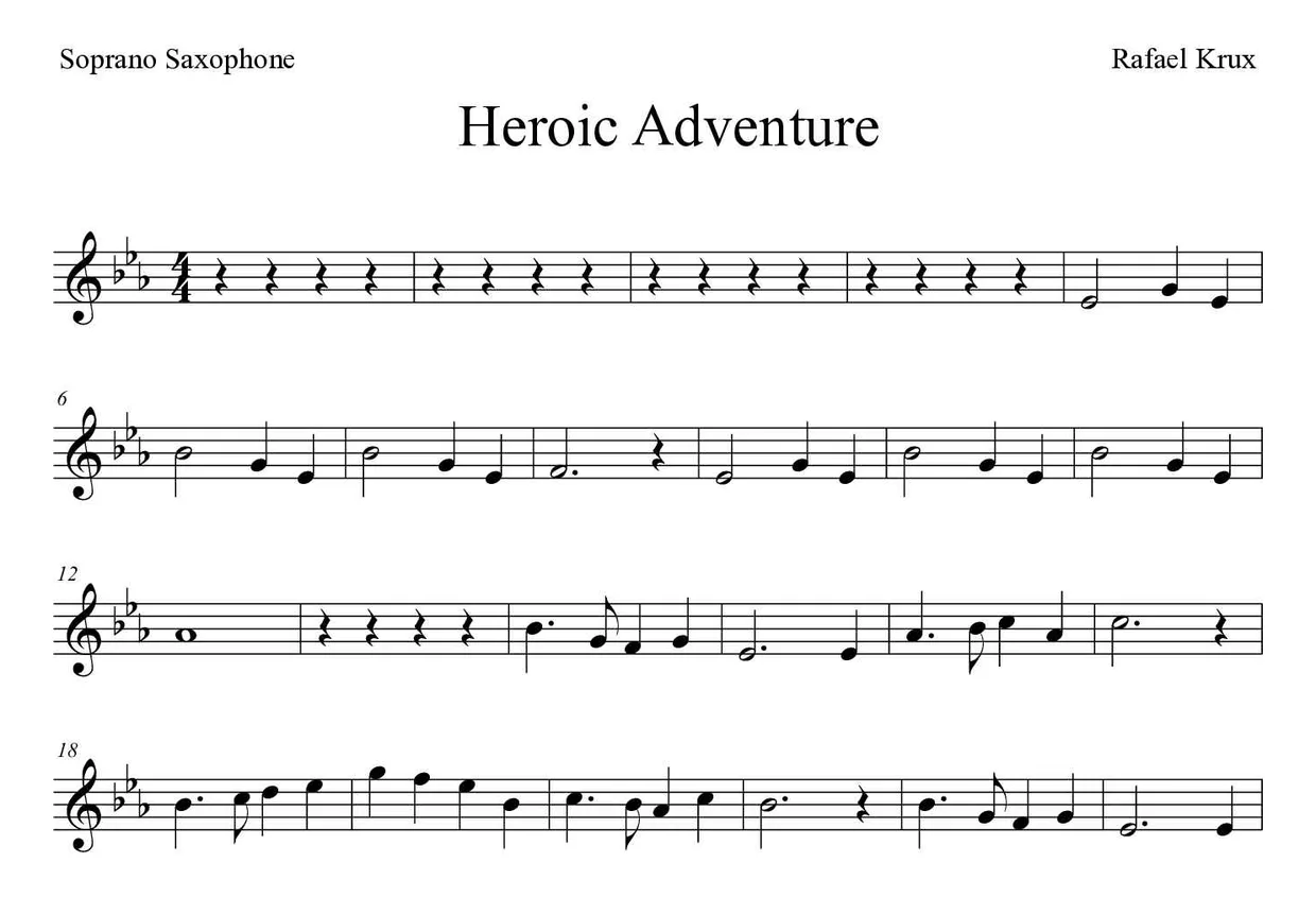 Bladmuziek van Heroic Adventure voor soprano saxophone, eerste regels