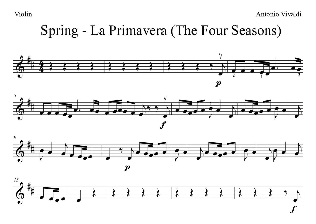 Partitura de Spring - La Primavera (The Four Seasons) para violino, primeiras linhas