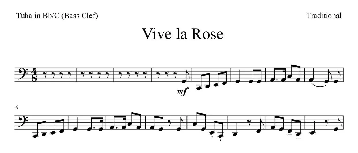 「Vive la Rose」Tuba in Bb/C (Bass Clef)用楽譜の最初の数段