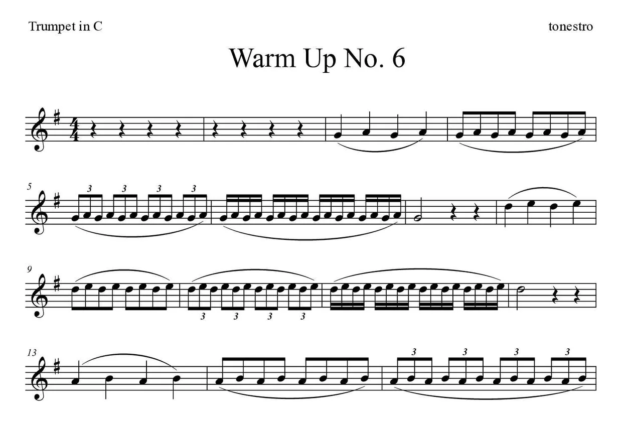 Partitura de Warm Up No. 6 para trompete em Do, primeiras linhas