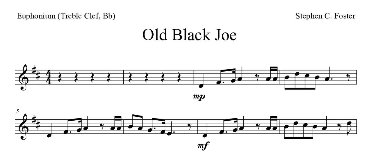 《Old Black Joe》上低音号（高音谱号，降B调）乐谱前几行