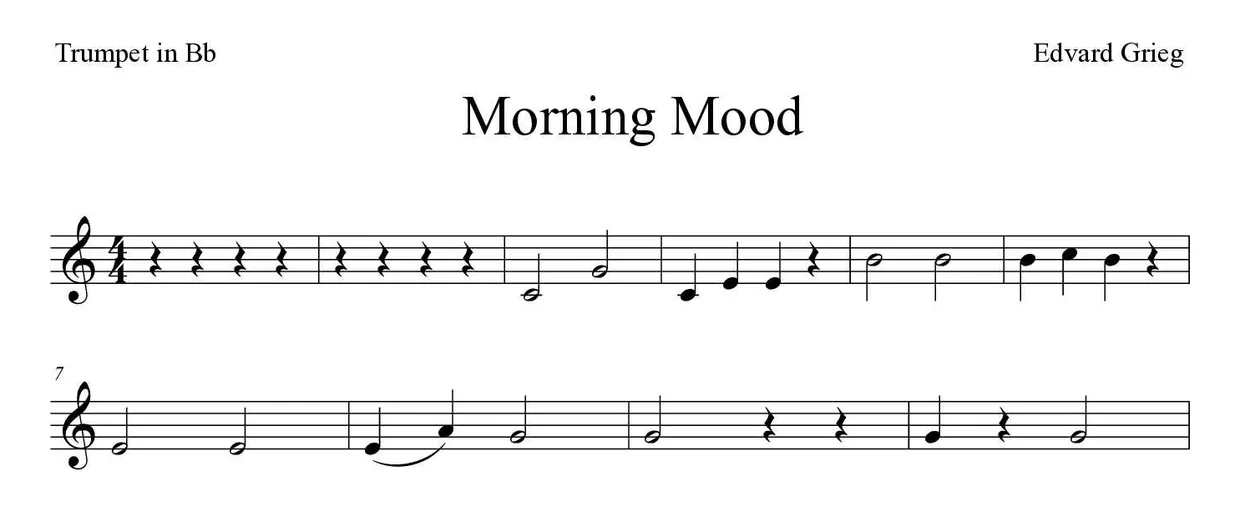 Partitura de Morning Mood para trompeta en Sib, primeras líneas