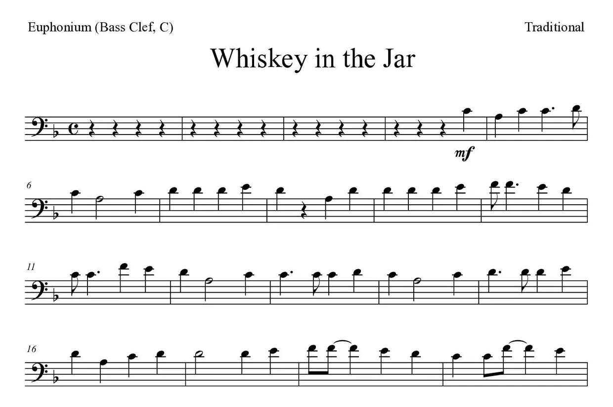 Partitura de Whiskey in the Jar para bombardino (clave de Fa, C), primeras líneas