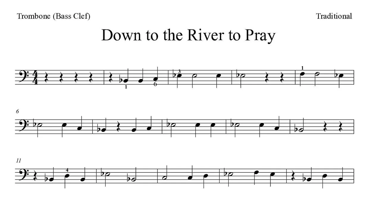 Partitura de Down to the River to Pray para trombón, primeras líneas