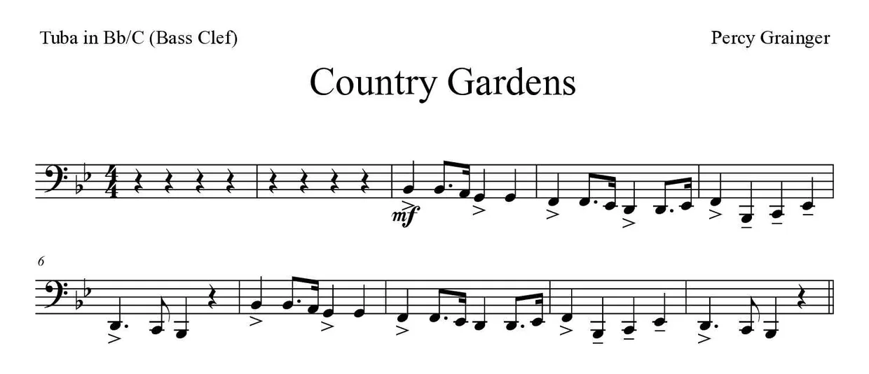 Partitura de Country Gardens para tuba en Sib/Do (clave de Fa), primeras líneas