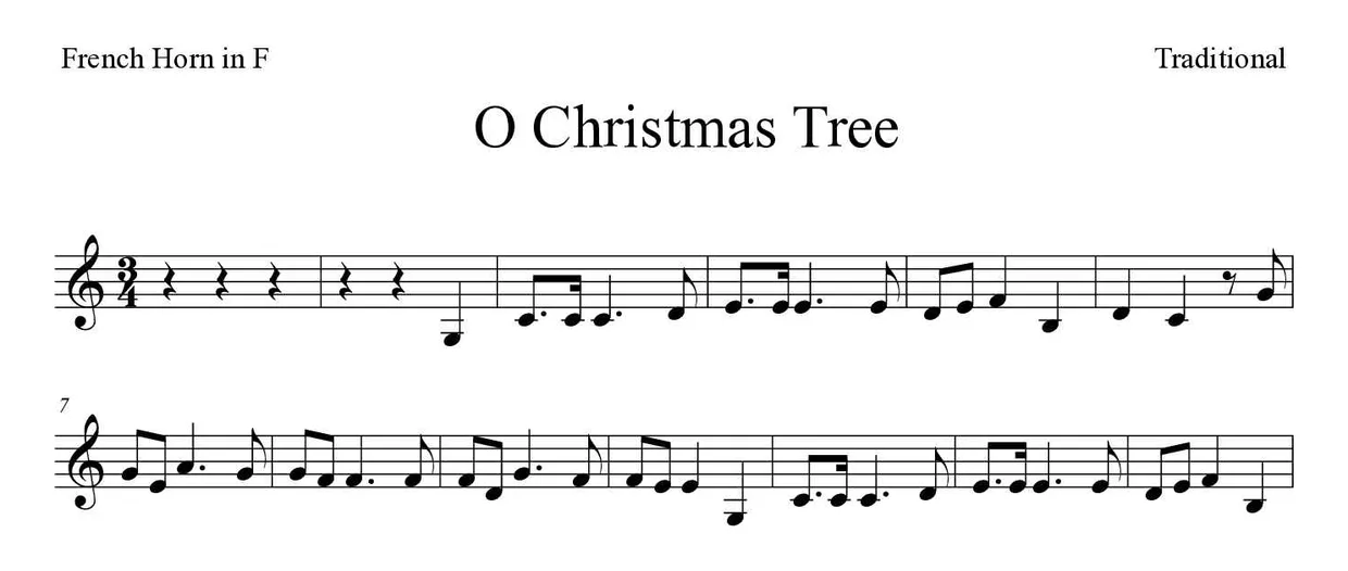 Partitura de O Christmas Tree para trompa, primeras líneas