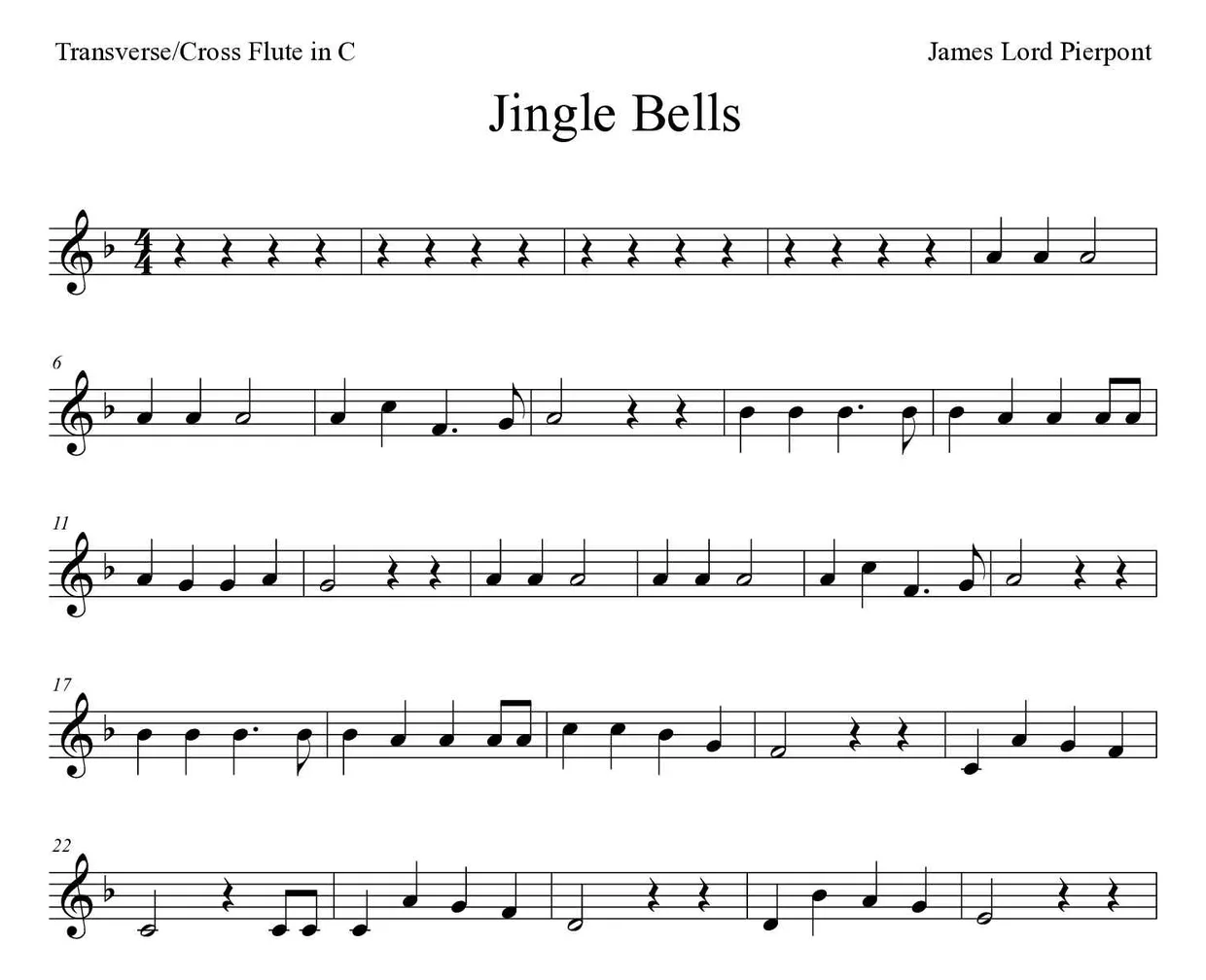 Sheet music of Jingle Bells for flute (Medium), first lines