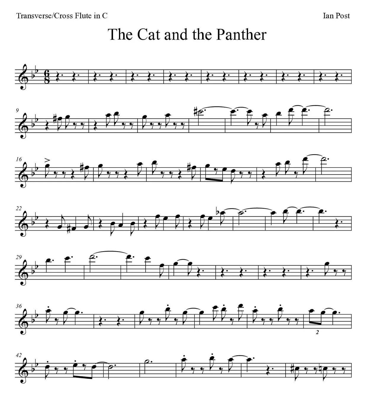 Partitura de The Cat and the Panther para flauta transversal, primeiras linhas