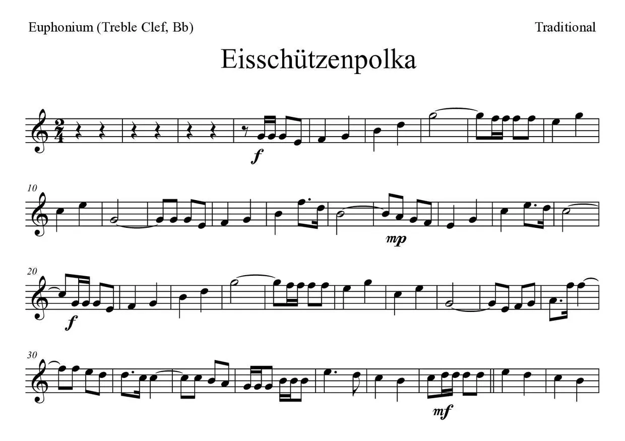 Sheet music of Eisschützenpolka for euphonium (treble clef, Bb) (Hard), first lines