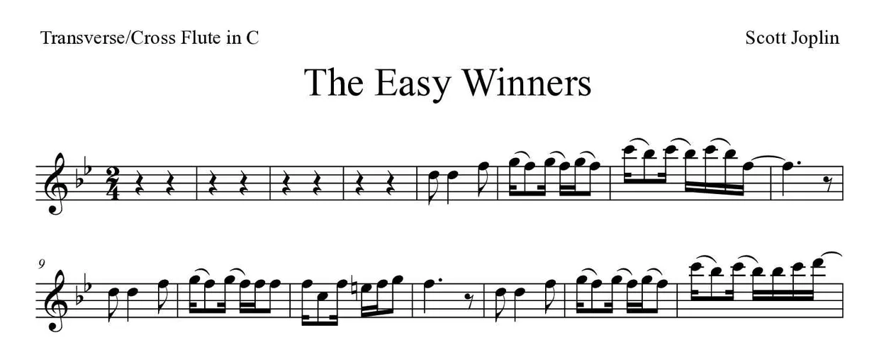 Bladmuziek van The Easy Winners voor flute, eerste regels