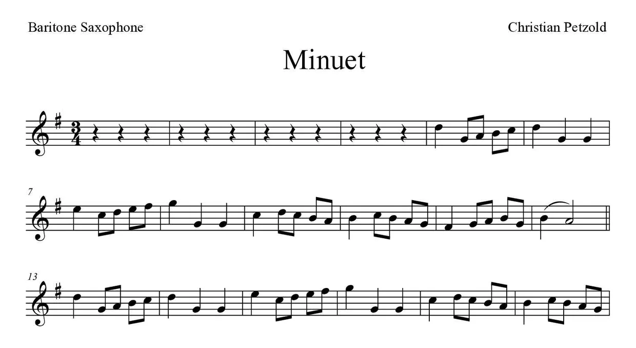 Sheet music of Minuet for baritone saxophone (Medium), first lines