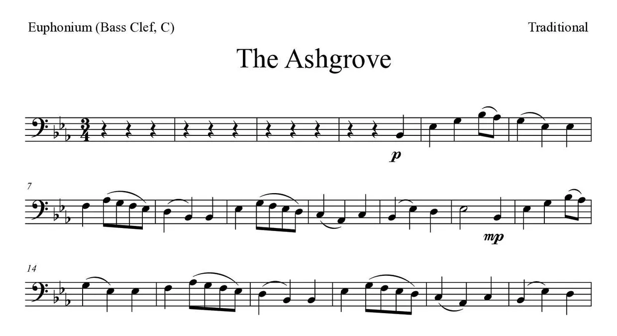 Bladmuziek van The Ashgrove voor euphonium (bass clef, C), eerste regels