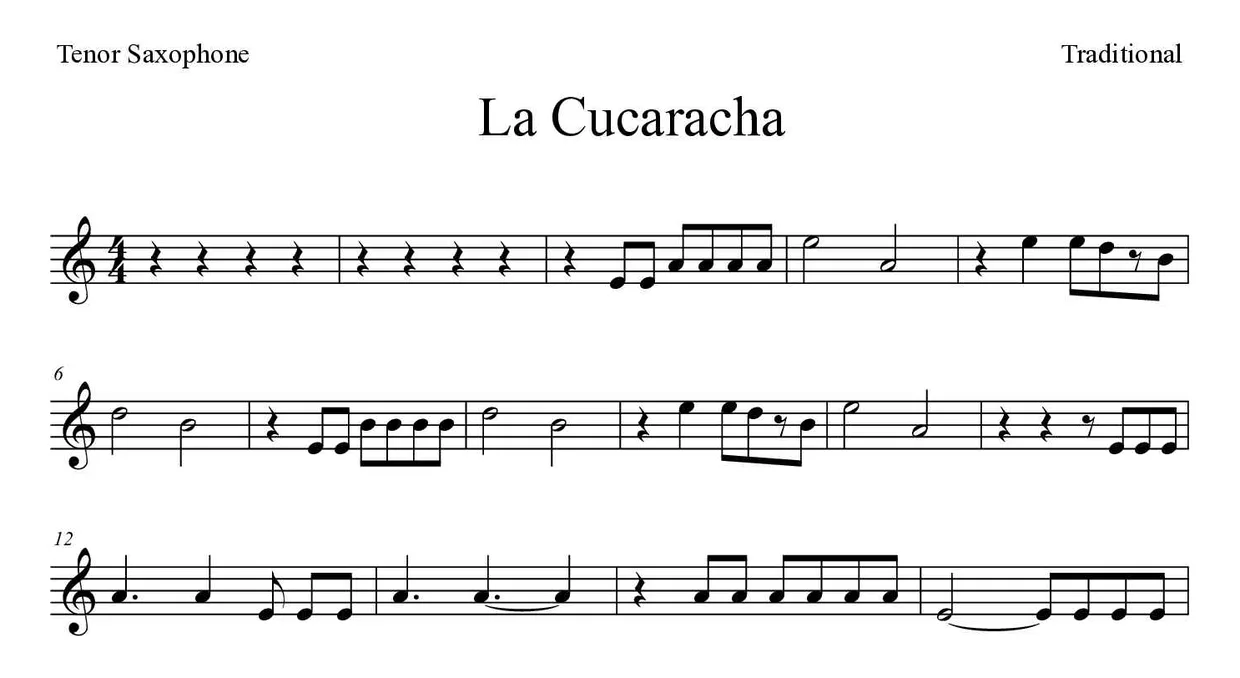 Partitura de La Cucaracha para saxofone tenor, primeiras linhas