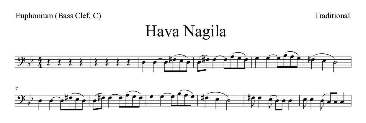 Partition de Hava Nagila pour euphonium (clé de fa, do), premières lignes