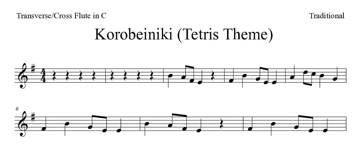 Partitura de Korobeiniki (Tetris Theme) para flauta traversa, primeras líneas