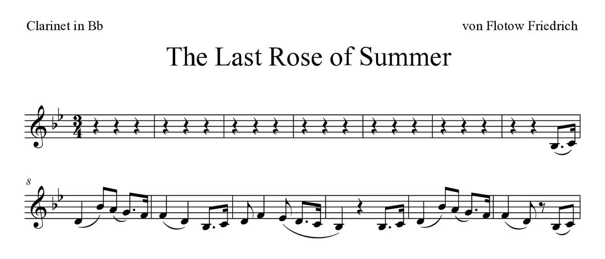 「The Last Rose of Summer」Clarinet用楽譜の最初の数段