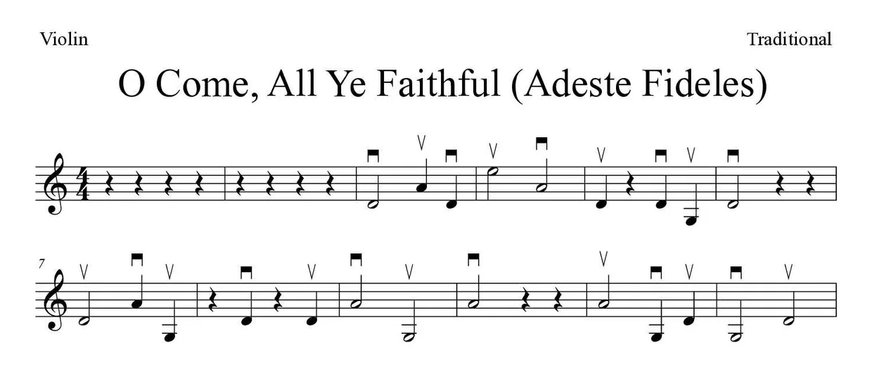 ‘O Come, All Ye Faithful (Adeste Fideles)’ Violin 악보의 첫 몇 줄