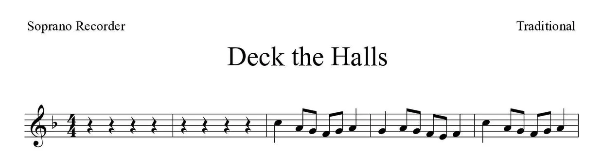 Partitura de Deck the Halls para flauta dulce, primeras líneas
