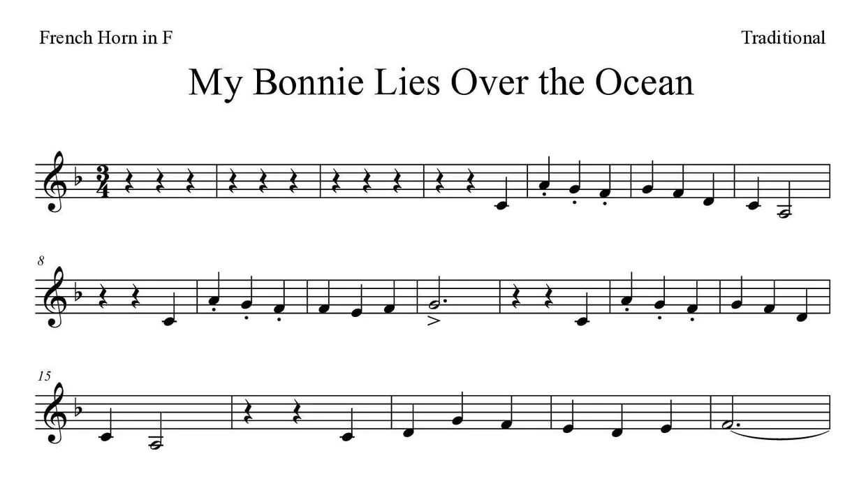 Partitura de My Bonnie Lies Over the Ocean para trompa, primeiras linhas