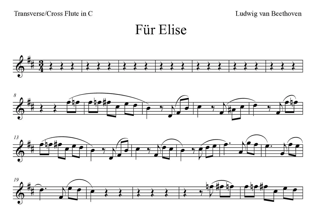 Partition de Für Elise pour fflûte traversière, premières lignes