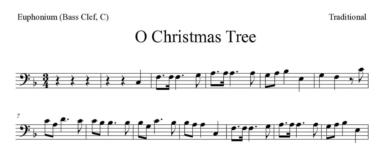 Partitura de O Christmas Tree para bombardino (clave de Fa, C), primeras líneas
