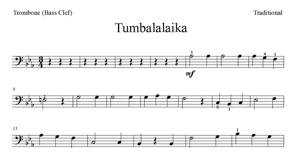Partitura de Tumbalalaika para trombón, primeras líneas