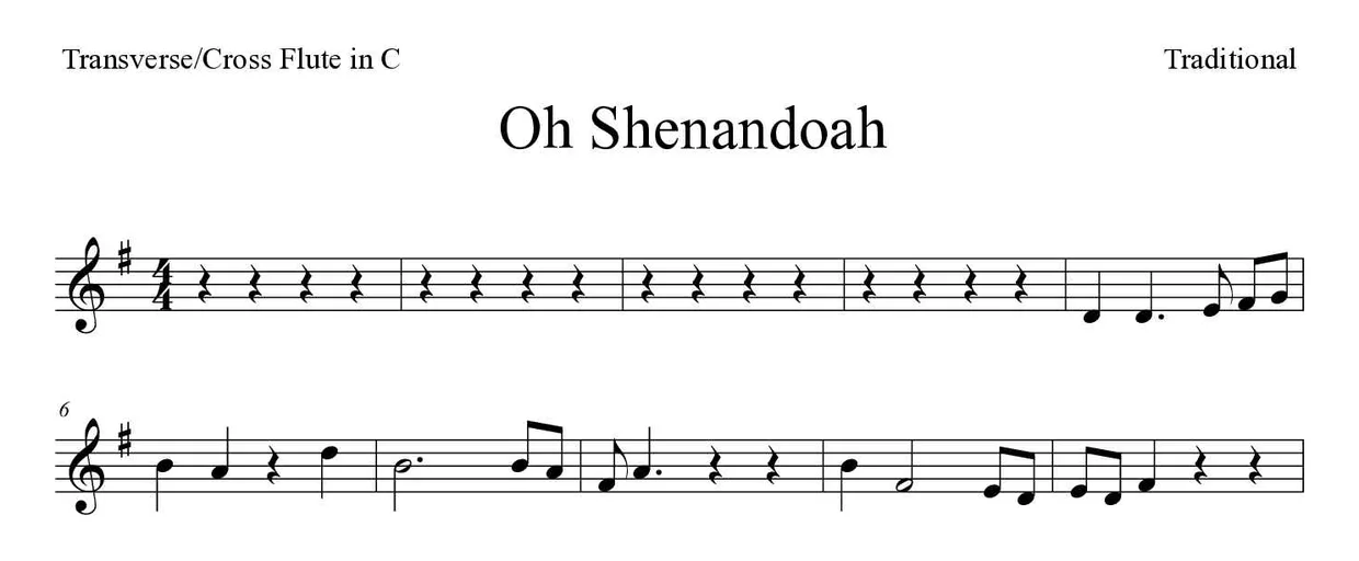 Spartito di Oh Shenandoah per flute, prime righe