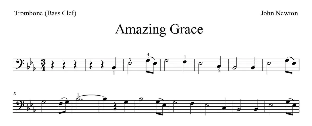 Sheet music of Amazing Grace for trombone (Medium), first lines