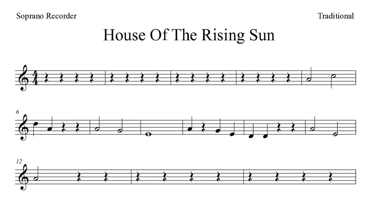 Sheet music of House Of The Rising Sun for recorder (Easy), first lines