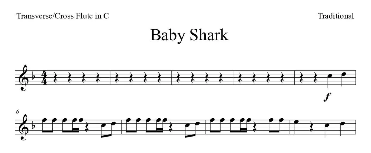 Partitura de Baby Shark para flauta transversal, primeiras linhas