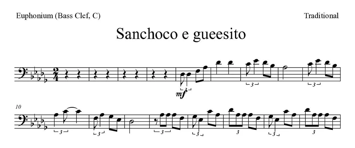 《Sanchoco e gueesito》上低音号（低音谱号，C）乐谱前几行