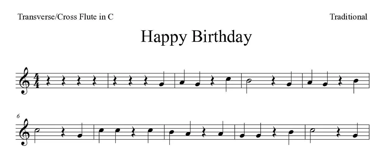 「Happy Birthday」Flute用楽譜の最初の数段