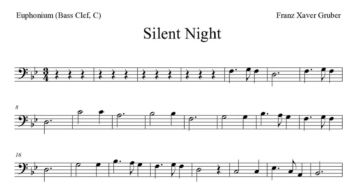 「Silent Night」Euphonium (Bass Clef, C)用楽譜の最初の数段
