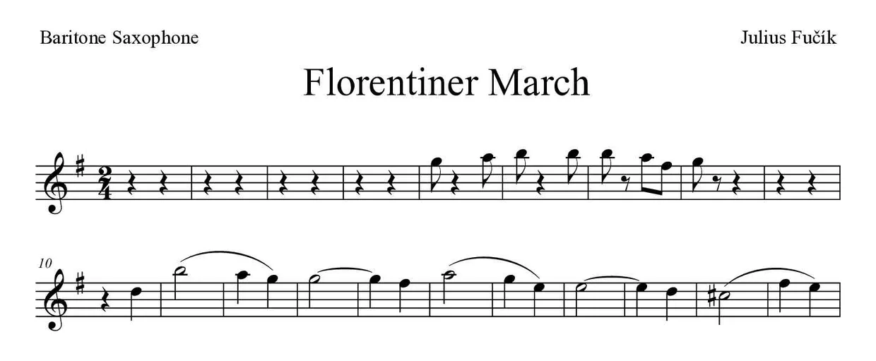 Partitura de Florentiner March para saxofone barítono, primeiras linhas