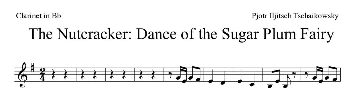 Bladmuziek van The Nutcracker: Dance of the Sugar Plum Fairy voor clarinet, eerste regels