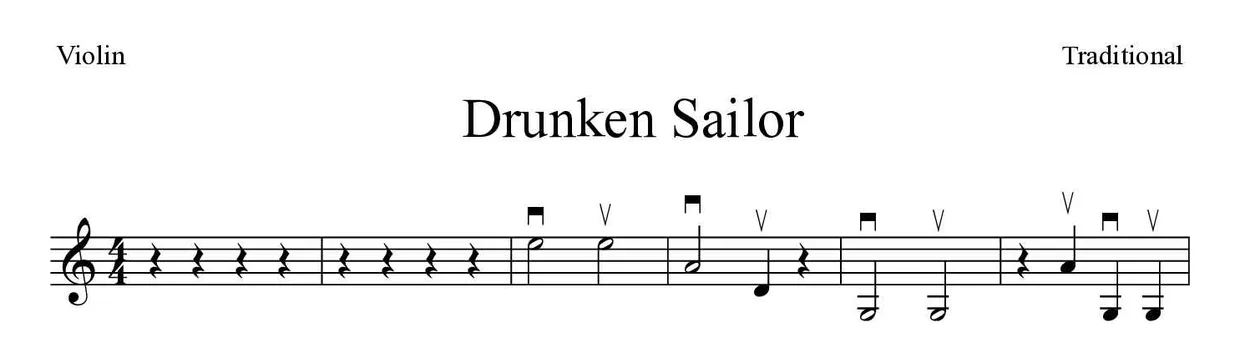 Partitura de Drunken Sailor para violín, primeras líneas