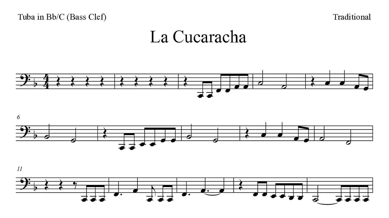 Spartito di La Cucaracha per tuba in Bb/C (bass clef), prime righe