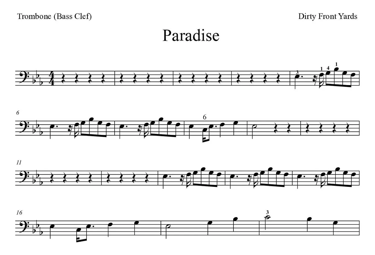 「Paradise」Trombone用楽譜の最初の数段