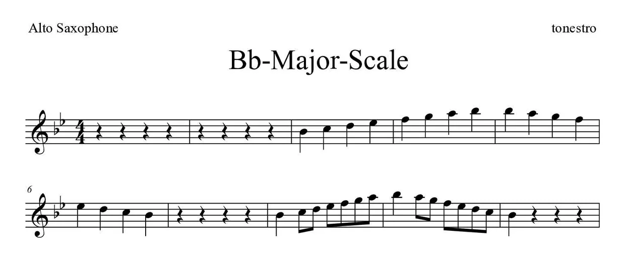 Spartito di Bb-Major-Scale per alto saxophone, prime righe