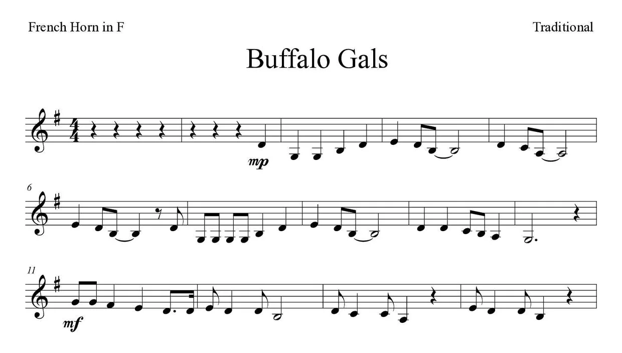 Noten von Buffalo Gals für Horn (Mittel), erste Zeilen