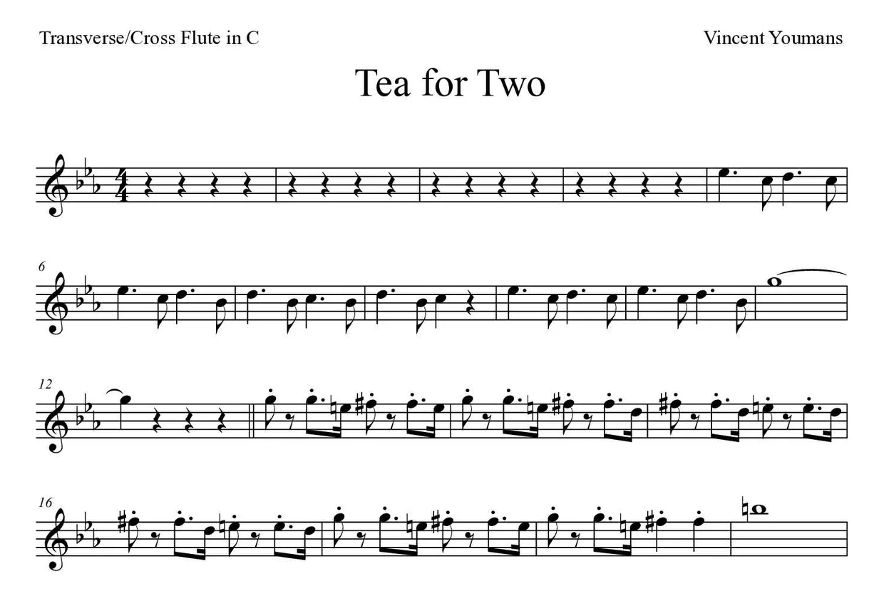 Partitura de Tea for Two para flauta traversa, primeras líneas