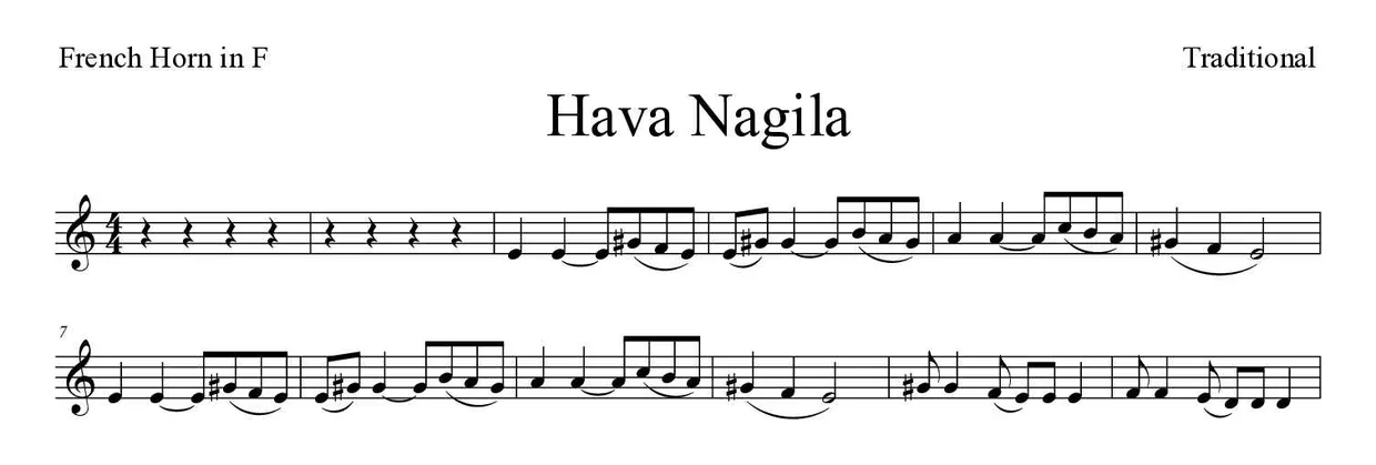 Spartito di Hava Nagila per French horn, prime righe