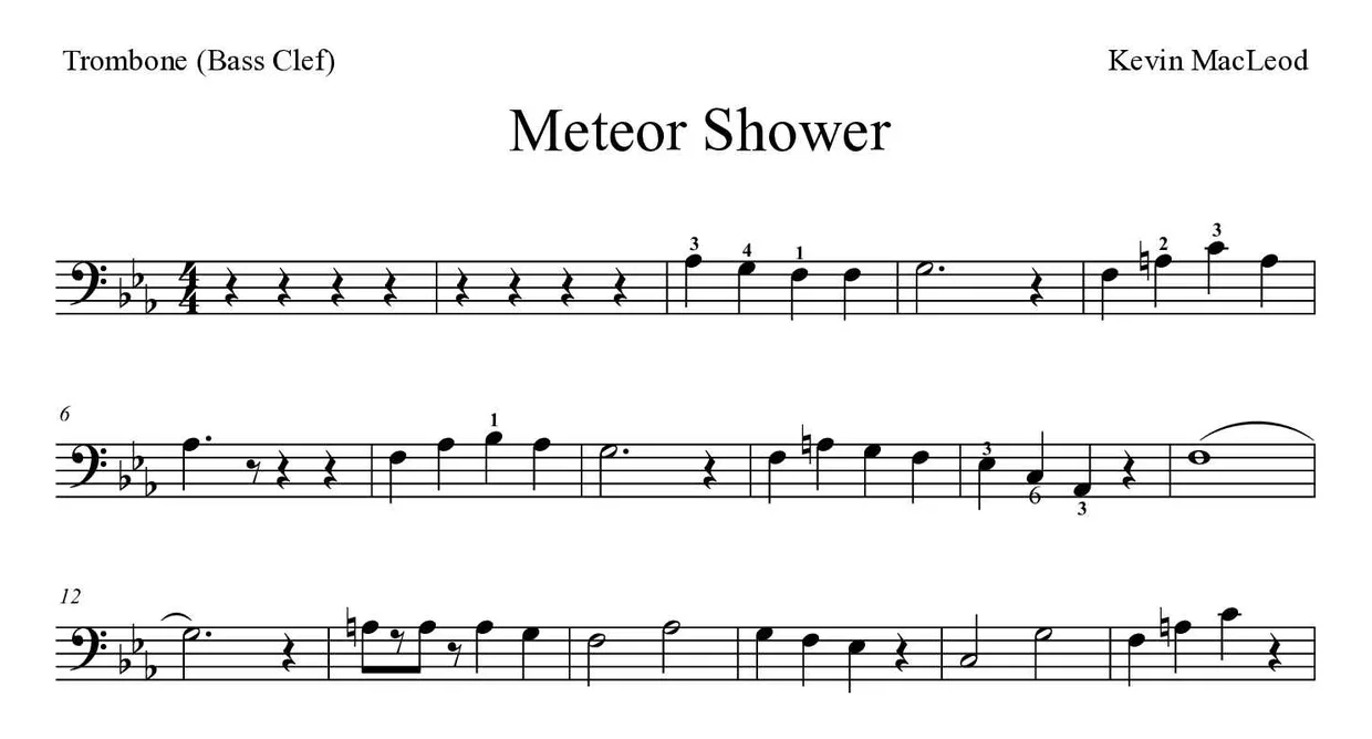 「Meteor Shower」Trombone用楽譜の最初の数段