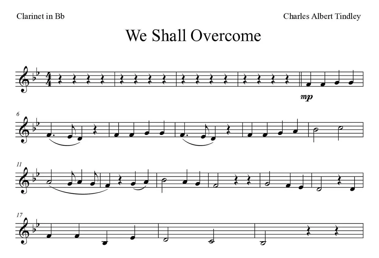 Sheet music of We Shall Overcome for clarinet (Medium), first lines