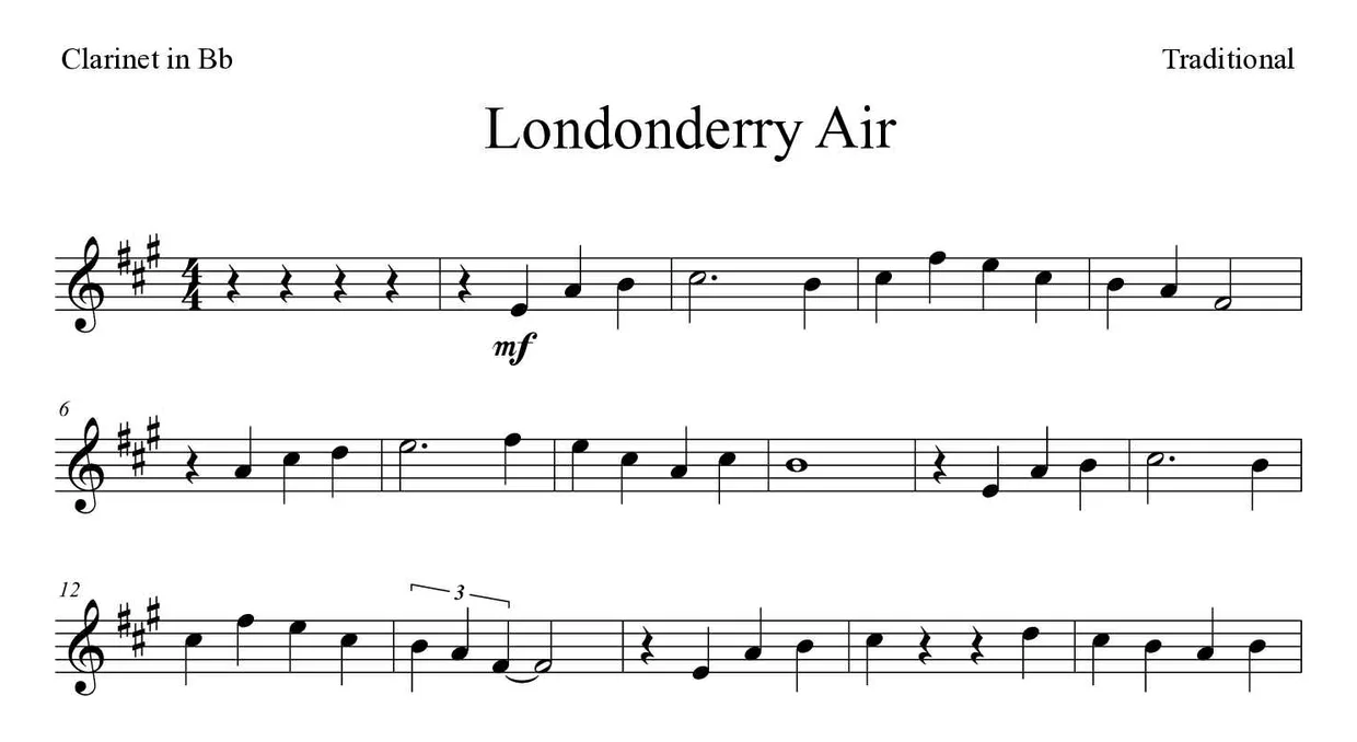 Bladmuziek van Londonderry Air voor clarinet, eerste regels