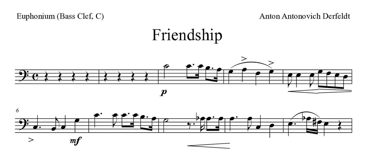 Partitura de Friendship para eufónio (clave de Fa, C), primeiras linhas